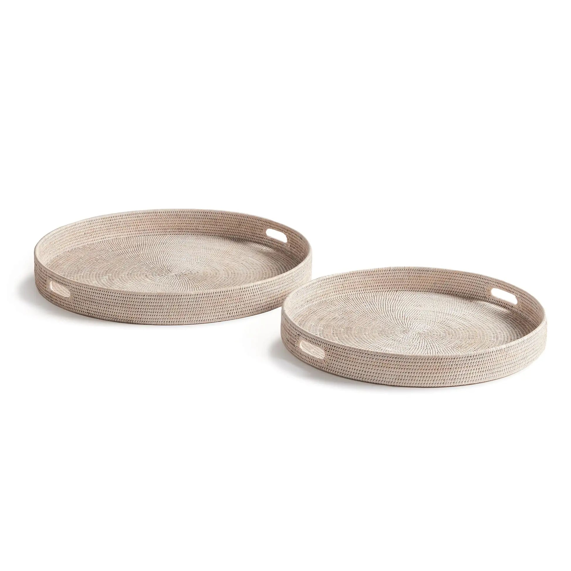BURMA RATTAN ROUND OTTOMAN TRAYS LARGE, SET OF 2