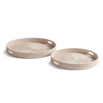 BURMA RATTAN ROUND OTTOMAN TRAYS LARGE, SET OF 2