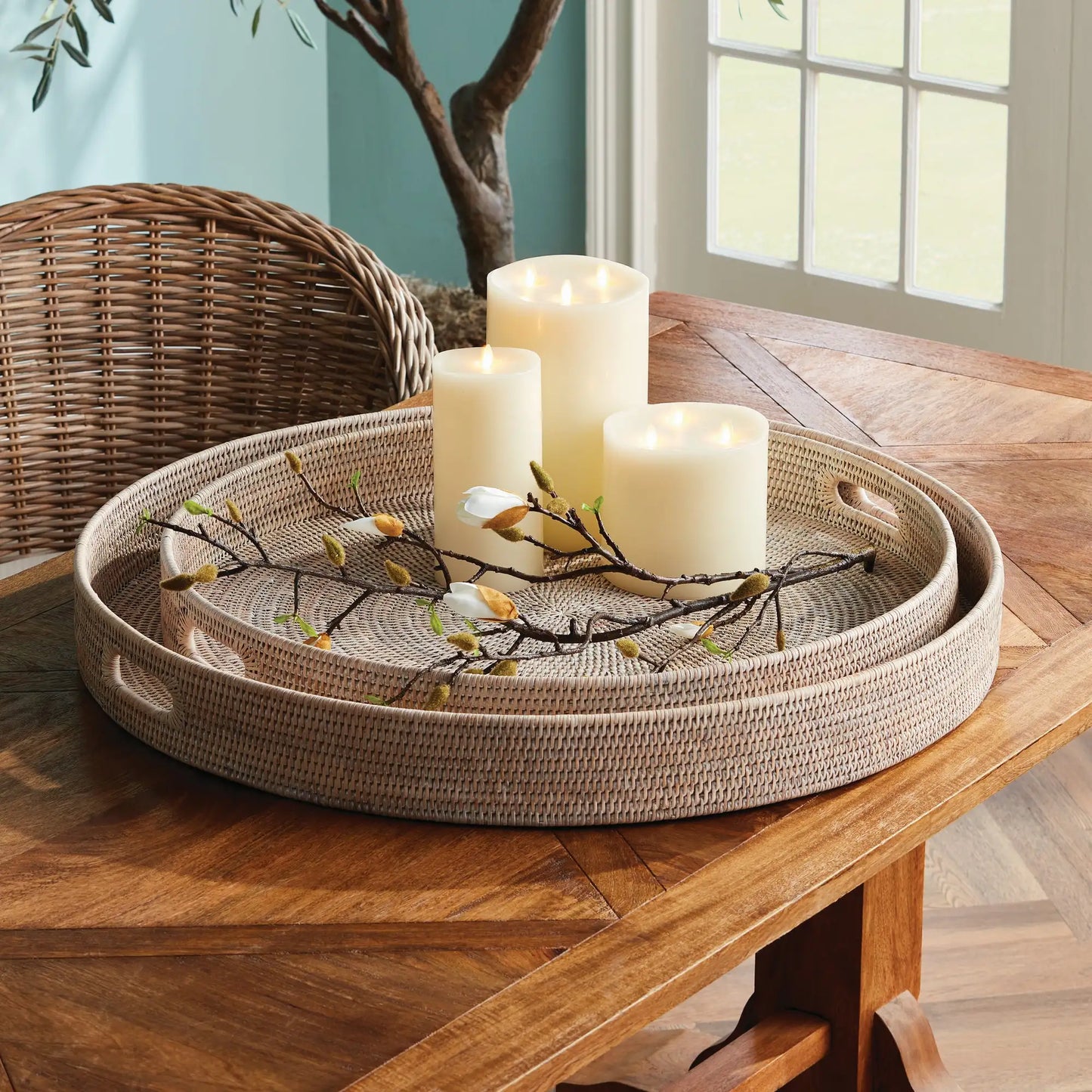 BURMA RATTAN ROUND OTTOMAN TRAYS LARGE, SET OF 2 - view 2