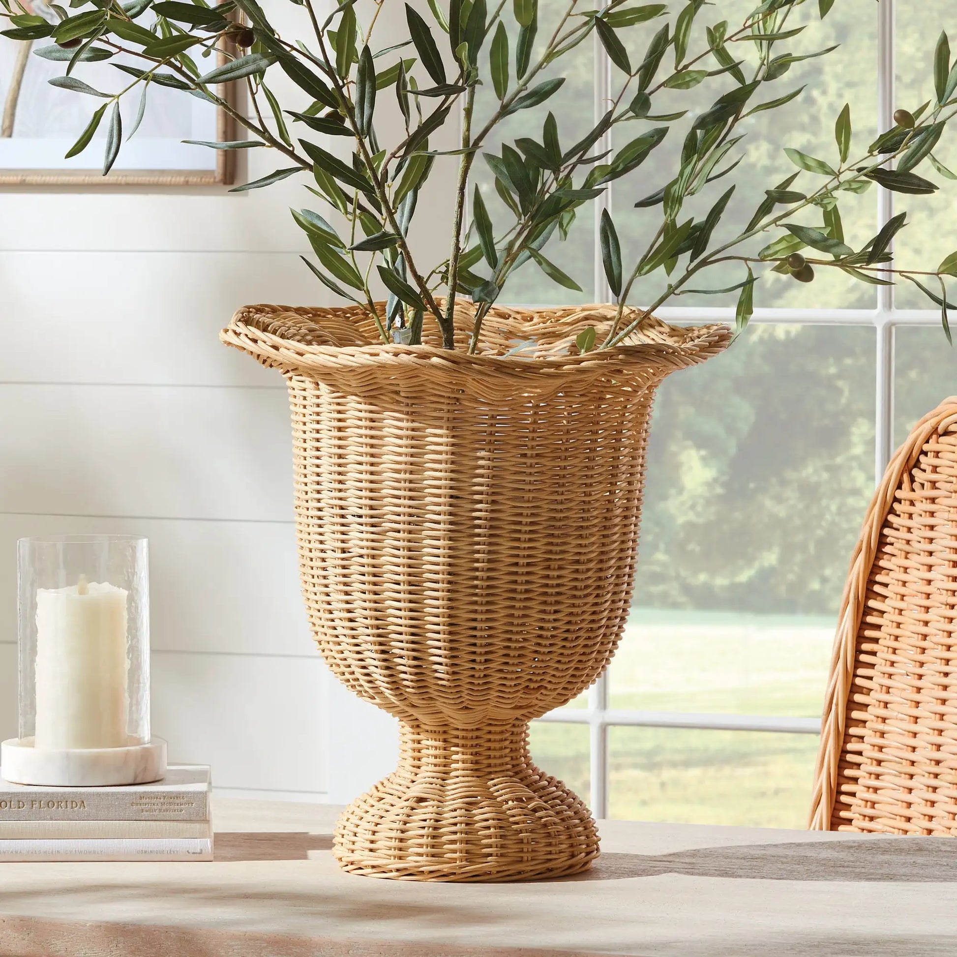 MYRA RATTAN SCALLOPED EDGE FOOTED URN - view 2