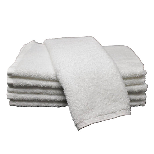 White 12-pack cotton hand towels with plush terry cloth texture for spa and salon use