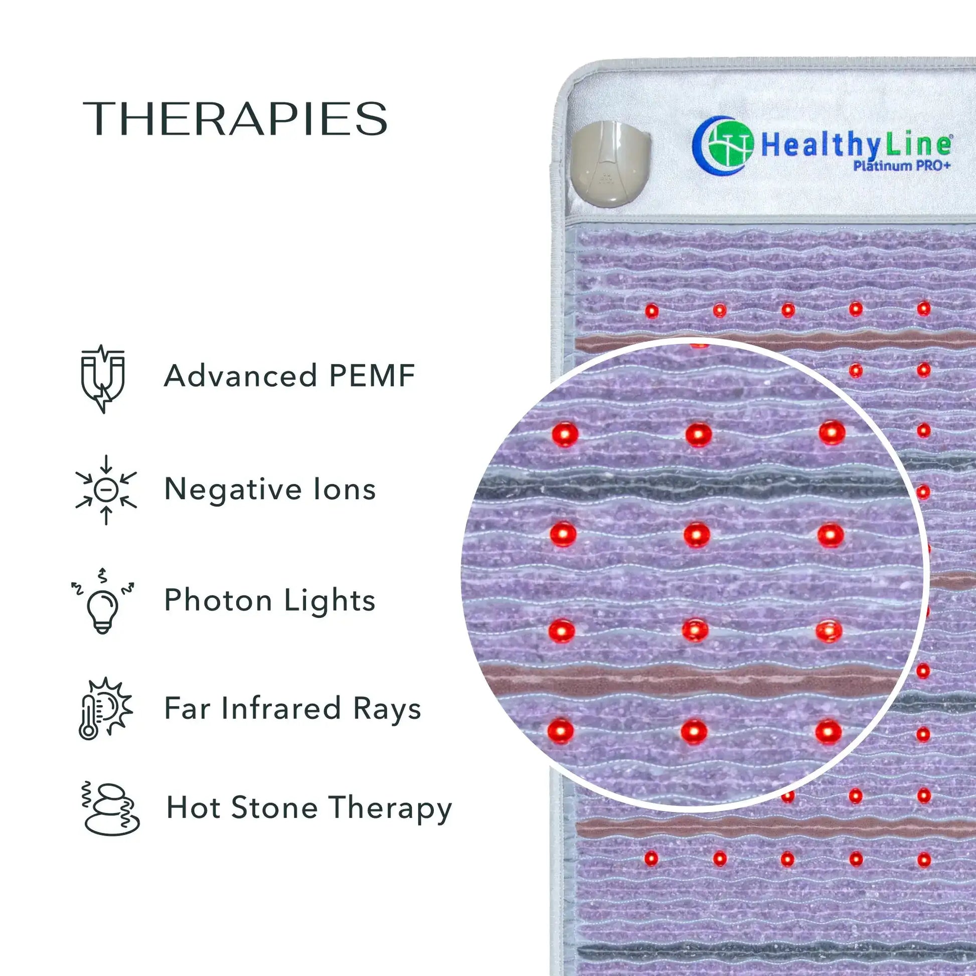 Close-up of HealthyLine Platinum PRO+ mat showing embedded red photon LED lights and PEMF therapies
