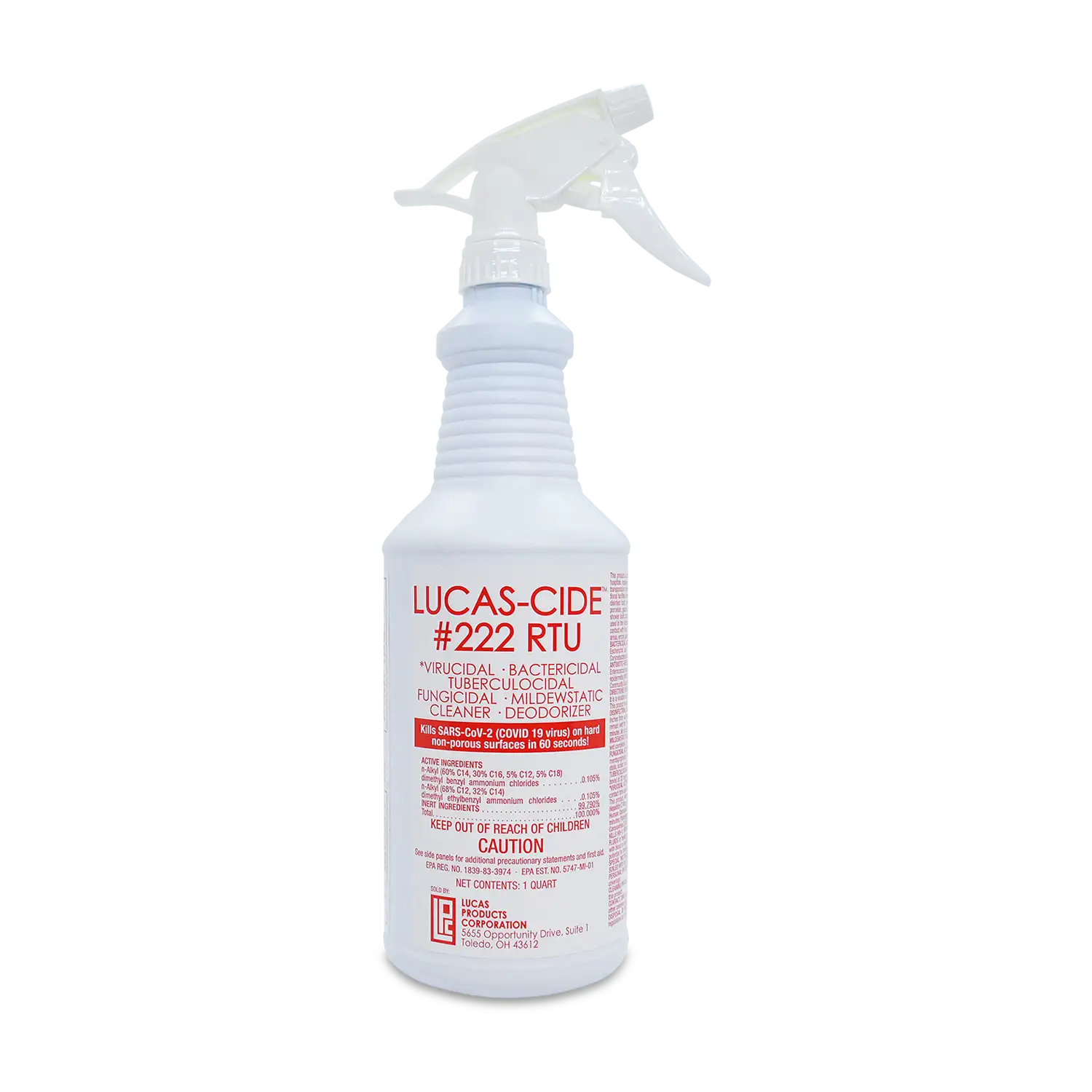 LUCAS-CIDE #222 RTU Disinfectant spray bottle kills SARS-CoV-2 in 60 seconds