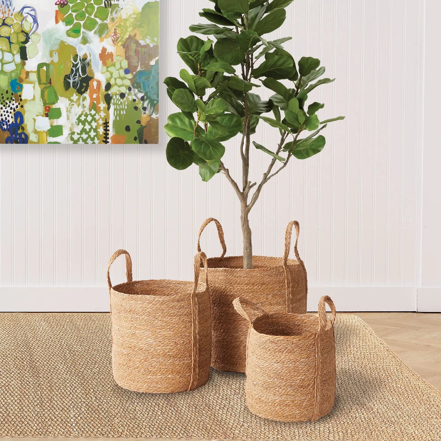 SEAGRASS ROUND BASKETS WITH LONG HANDLES, SET OF 3 - view 2