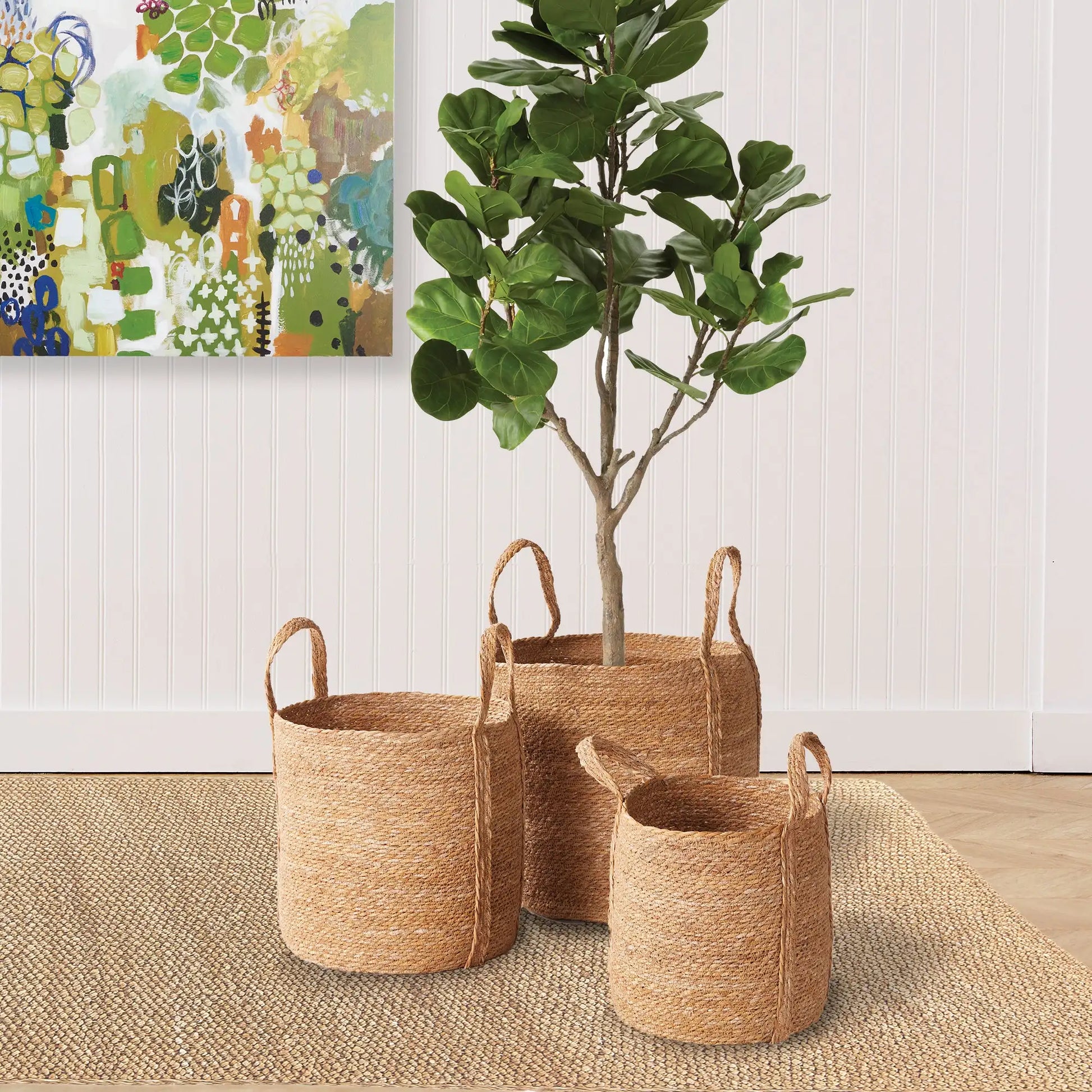SEAGRASS ROUND BASKETS WITH LONG HANDLES, SET OF 3 - view 2