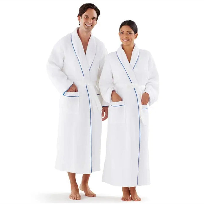 Basic Waffle Shawl Collar Robe w/French Terry Lining & Royal Blue Piping