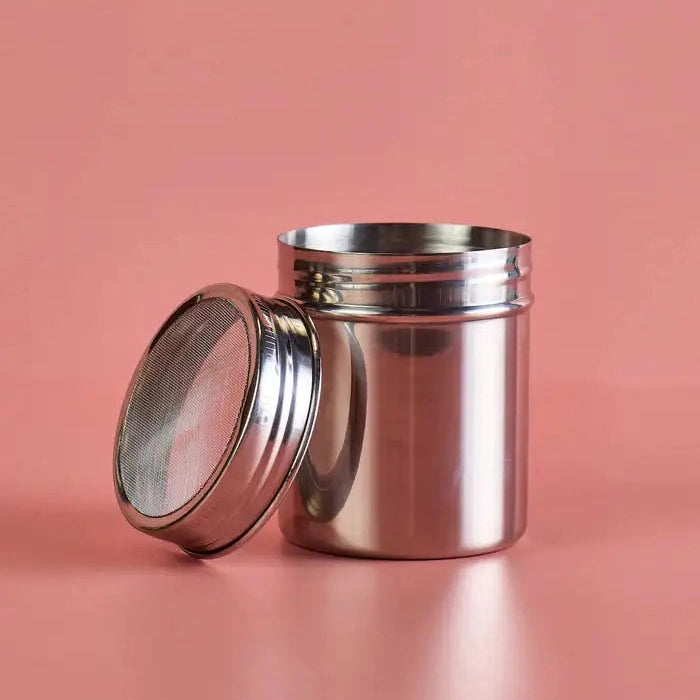 Stainless steel sugaring powder shaker, side view