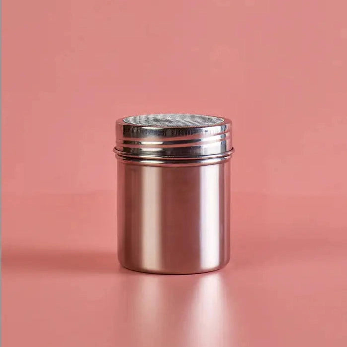 Sweet & True stainless steel powder shaker, mesh top close-up