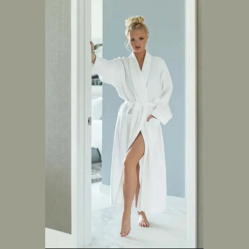 Diamond Unlined Waffle Shawl Collar Robe w/White Piping - Large