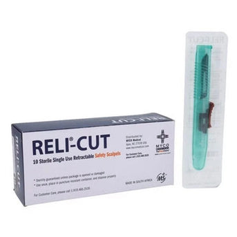 Myco Medical Reli-Cut disposable dermaplaning scalpel box with sterile single-use retractable safety blade and teal ergonomic handle
