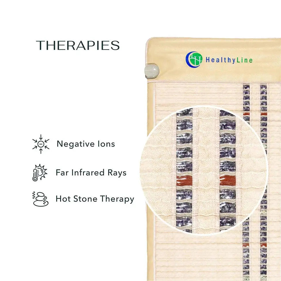 HealthyLine SOFT FAR Infrared Heating Mat close-up of quilted beige surface with embedded amethyst and jade gemstones