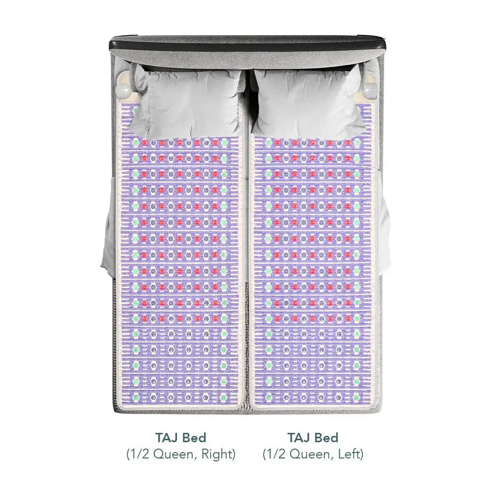 HealthyLine TAJ PEMF King Mattress Topper dual-zone split with purple gemstone surface