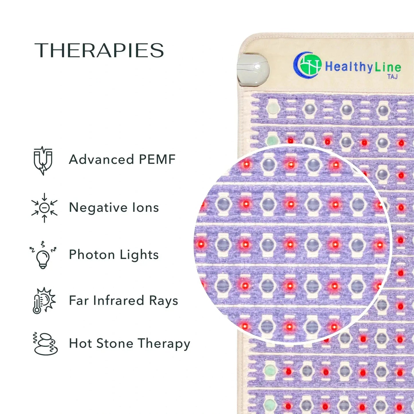 Close-up of HealthyLine TAJ mat glowing red LED lights and purple quilted fabric