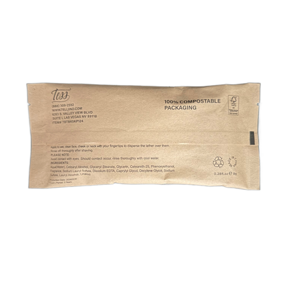 Back of the Tess shave kit sachet marked 100% compostable packaging