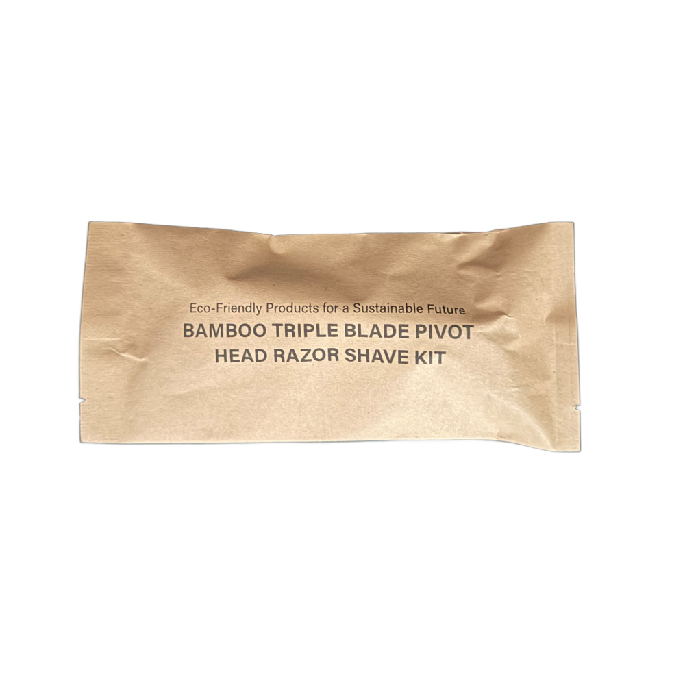 Kraft paper sachet for the Tess Bamboo Triple Blade Pivot Head Razor Shave Kit