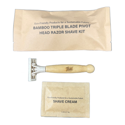 Tess bamboo pivot head razor shave kit with kraft sachet, bamboo razor, and shave cream packet