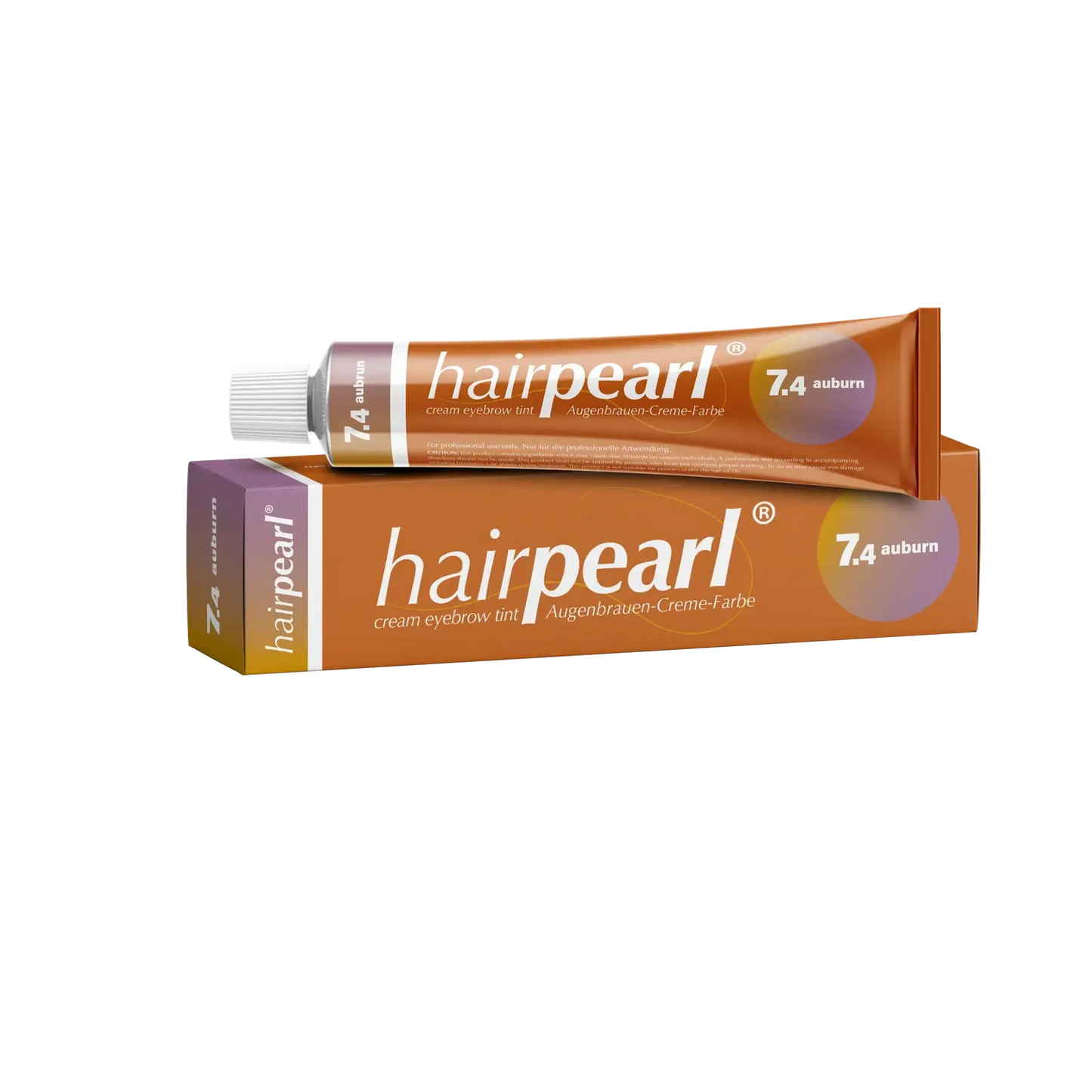 Hairpearl Auburn Tint #7.4 packaging with tube and box for brow artists
