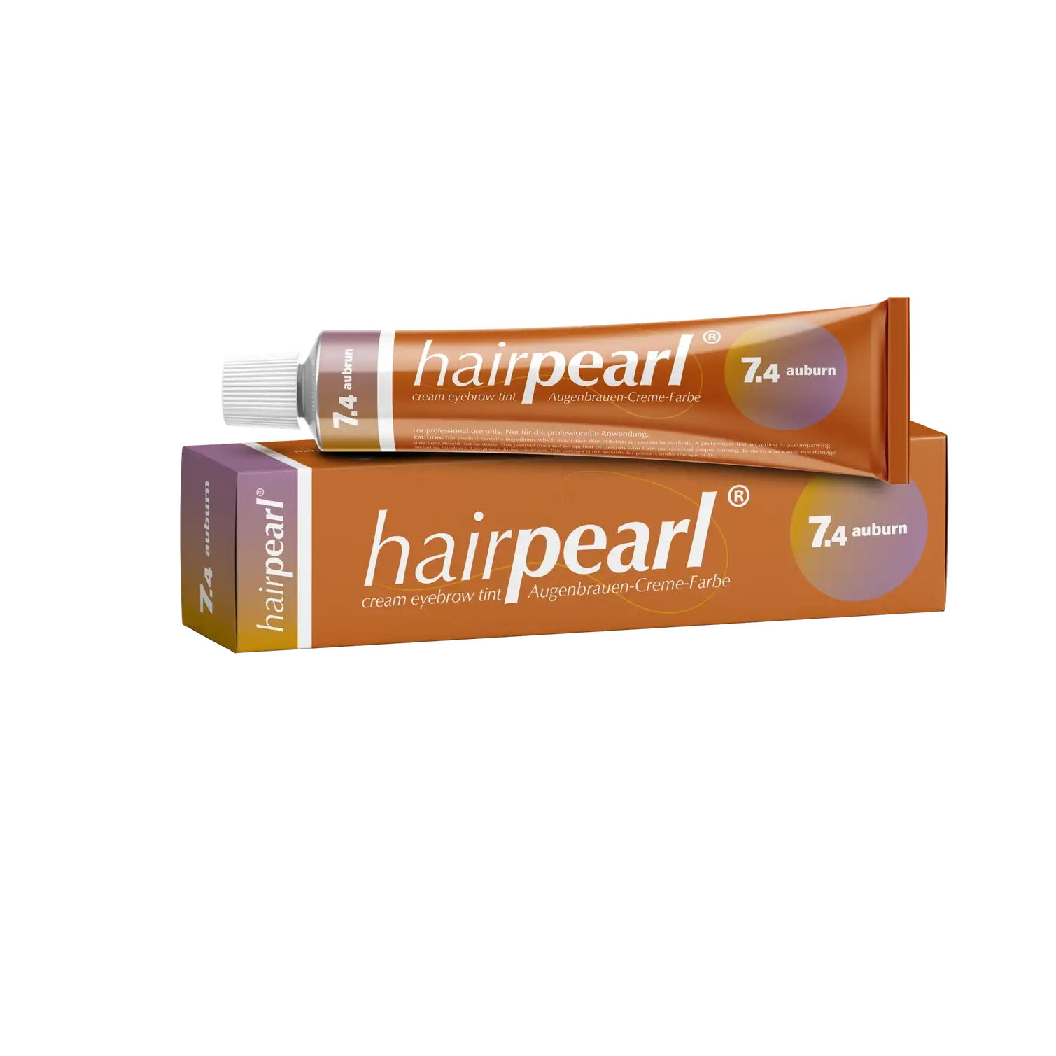 Hairpearl Auburn Tint #7.4 packaging with tube and box for brow artists