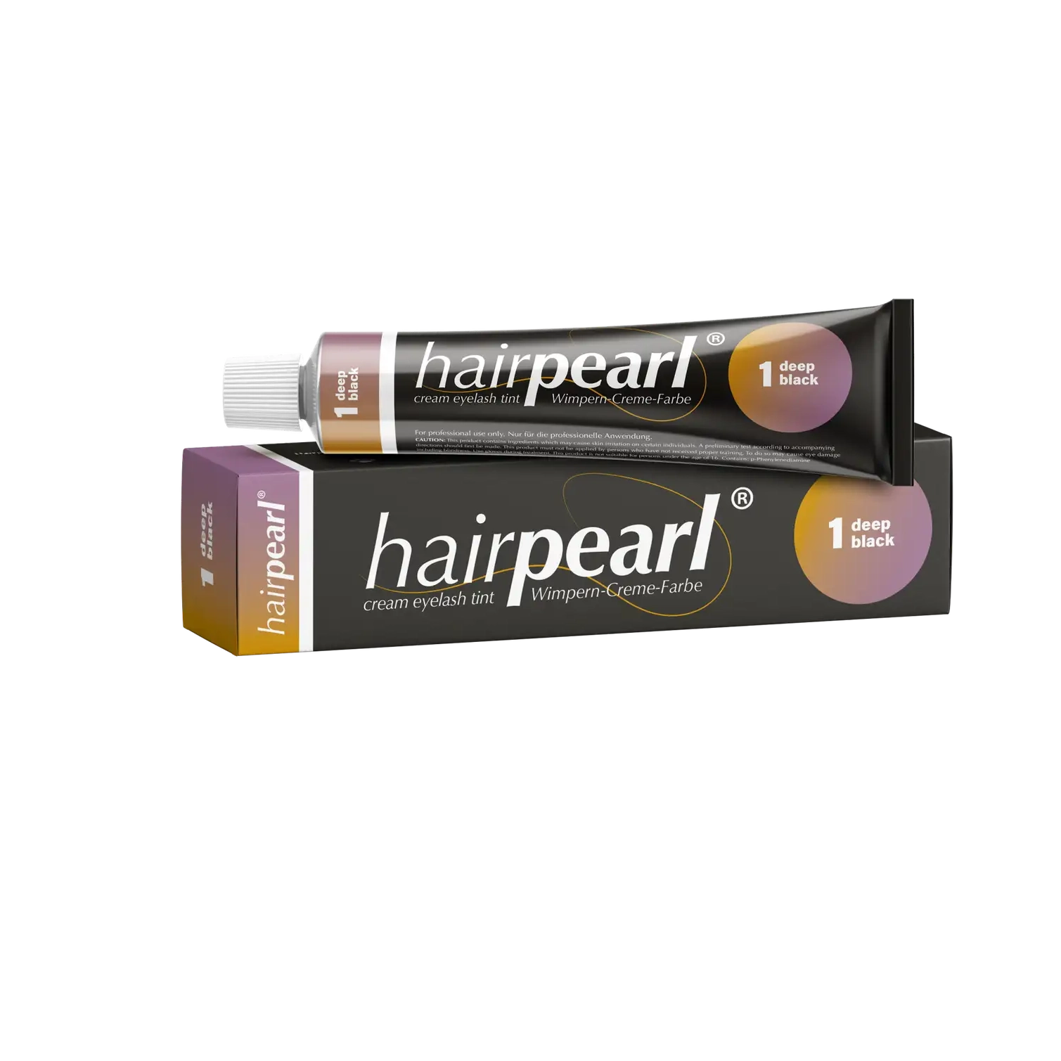 Hairpearl Deep Black Tint #1 20ml tube and box with neutral black shade swatch