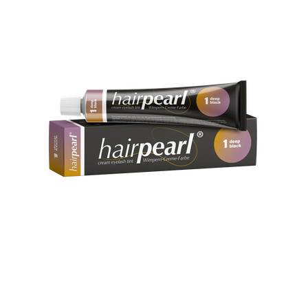 Hairpearl Deep Black Tint #1 20ml tube and box with neutral black shade swatch
