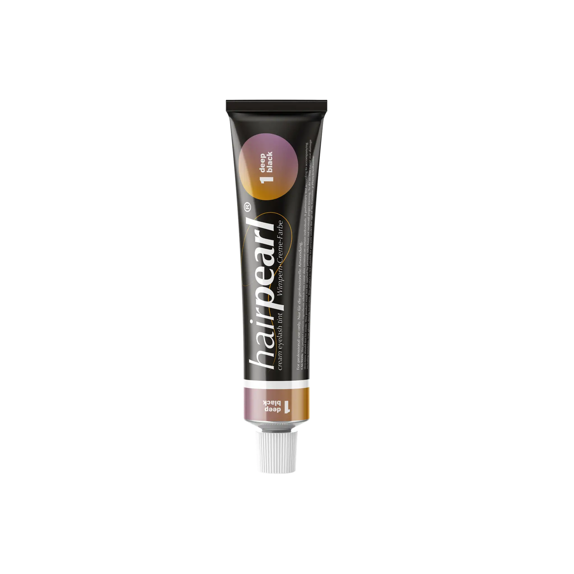 Hairpearl Deep Black Tint #1 upright tube with gradient label and white cap