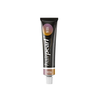 Hairpearl Deep Black Tint #1 upright tube with gradient label and white cap
