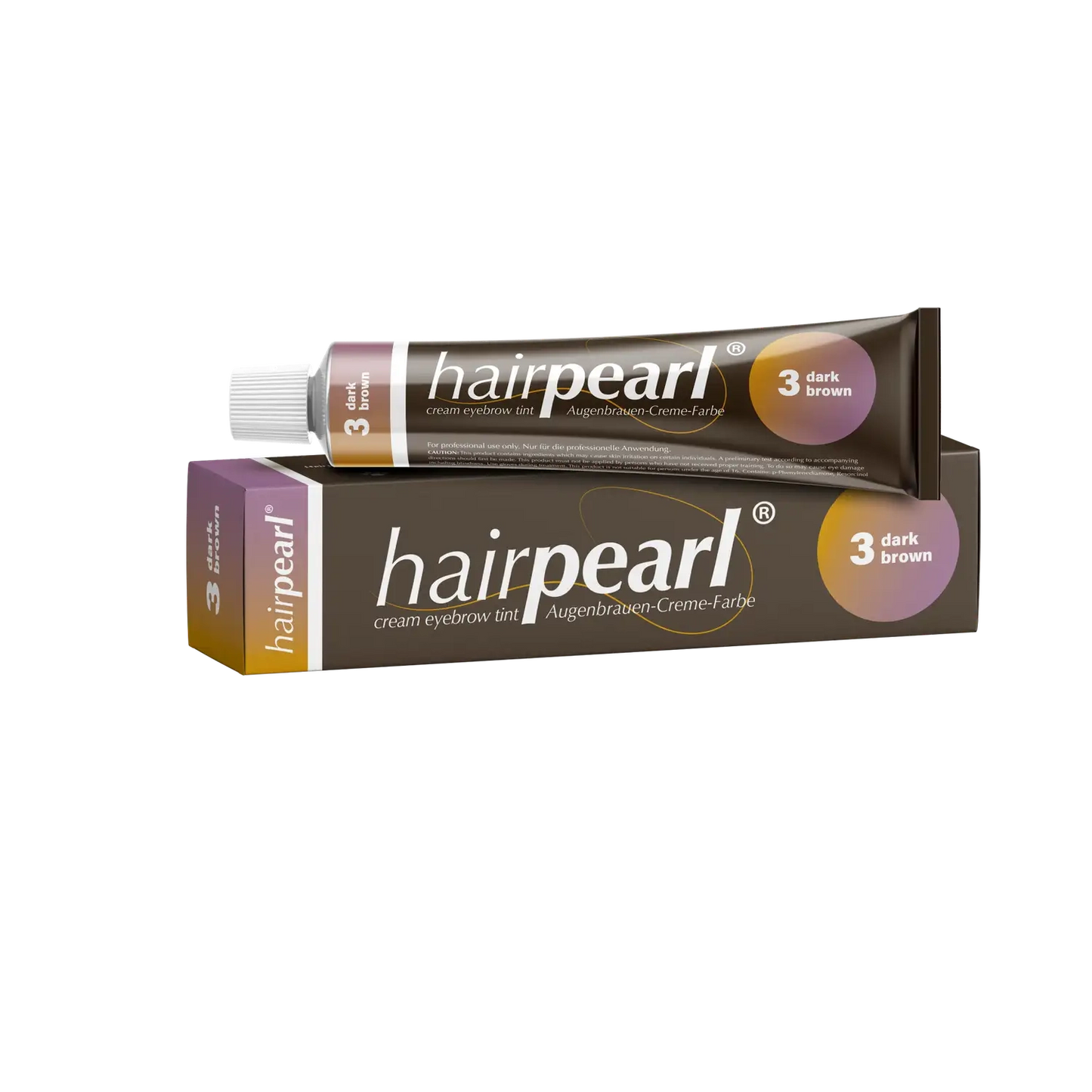 Hairpearl dark brown eyebrow tint tube on matching box packaging