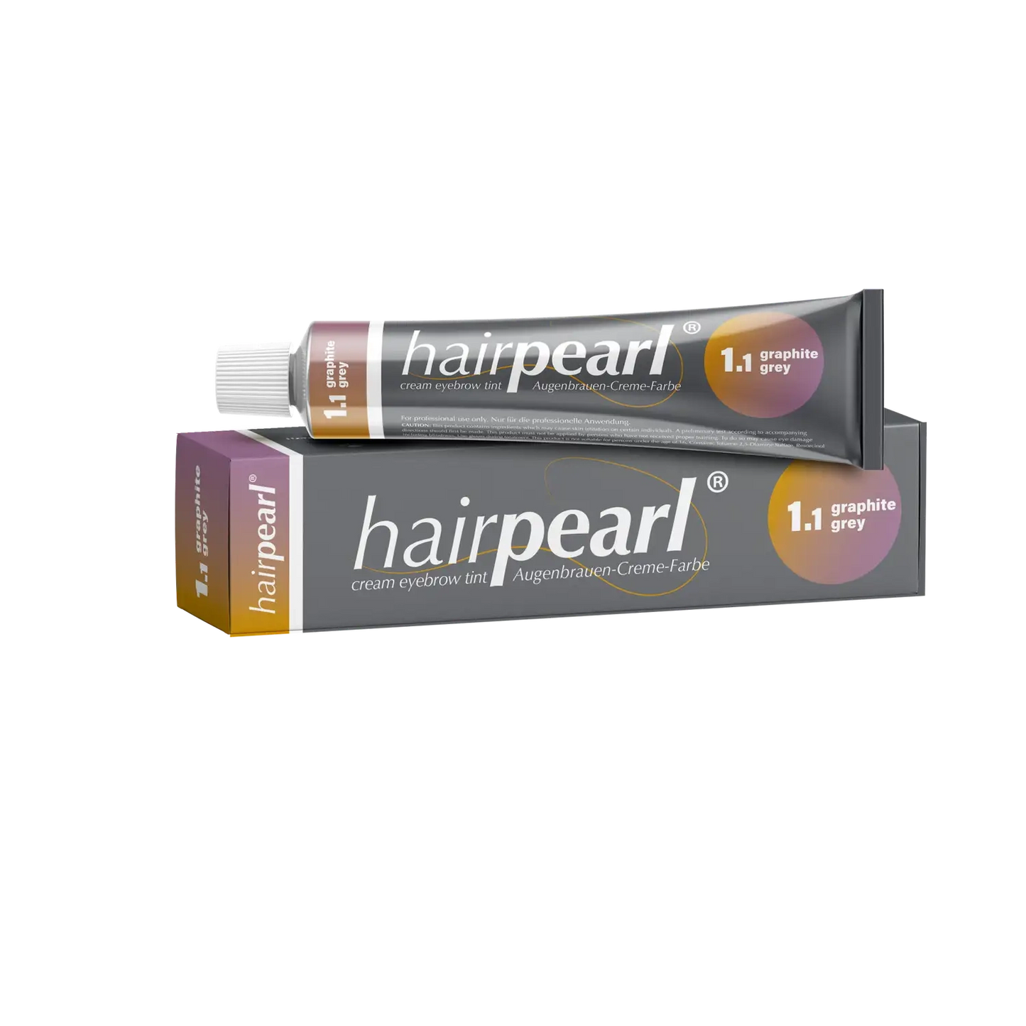 Hairpearl Graphite Grey #1.1 cream eyebrow tint box and tube packaging