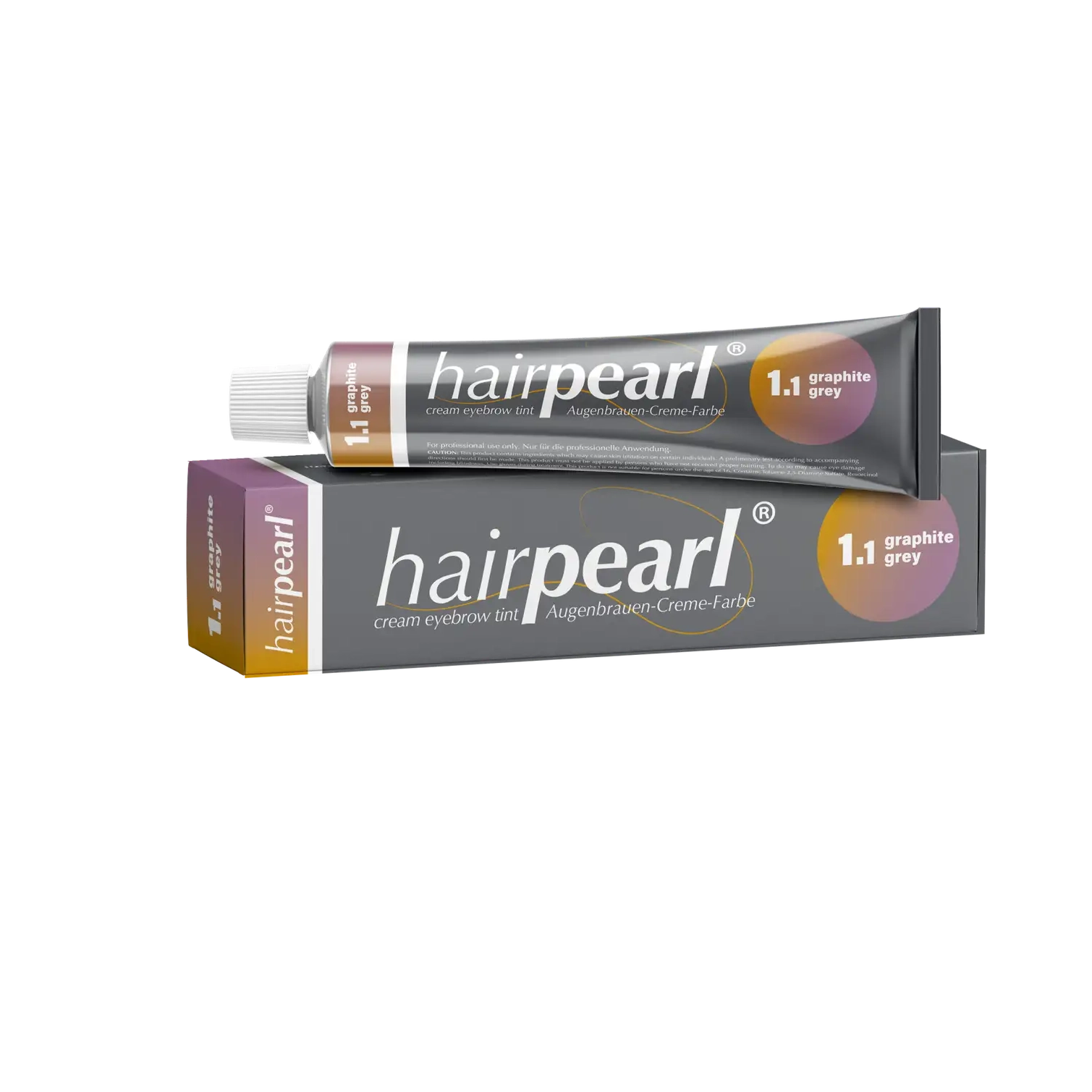 Hairpearl Graphite Grey #1.1 cream eyebrow tint box and tube packaging