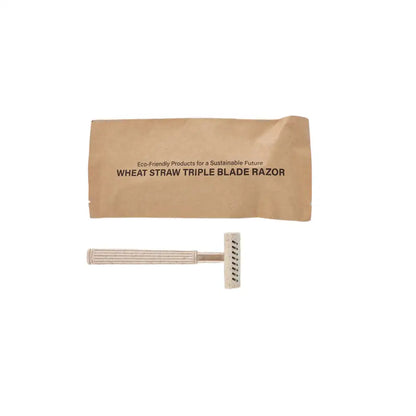Tess wheat straw composite triple blade razor in FSC-certified kraft sachet