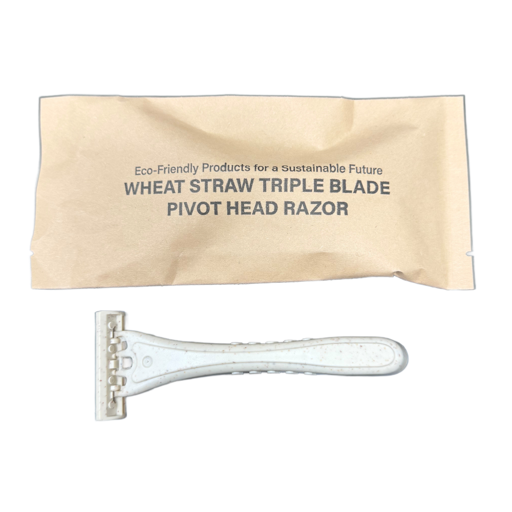 Tess wheat straw triple blade pivot head razor with its kraft paper sachet