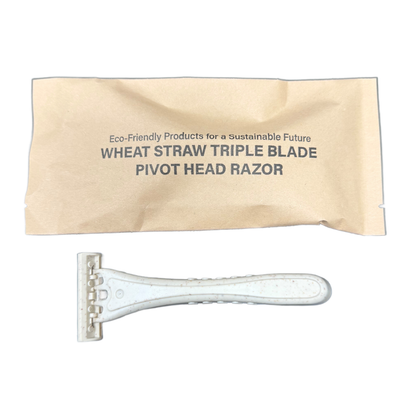 Tess wheat straw triple blade pivot head razor with its kraft paper sachet