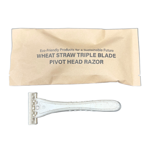 Tess wheat straw triple blade pivot head razor with its kraft paper sachet