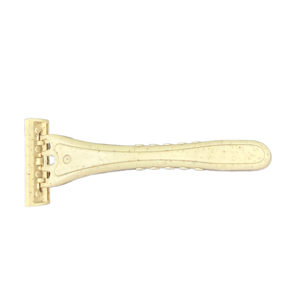 Tess wheat straw pivot head razor with beige speckled handle and triple blade head