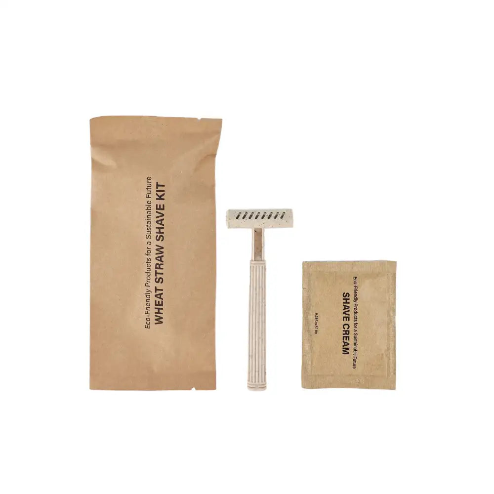 Tess wheat straw shave kit with triple blade razor and 8g shave cream packet