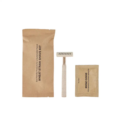 Tess wheat straw shave kit with triple blade razor and 8g shave cream packet
