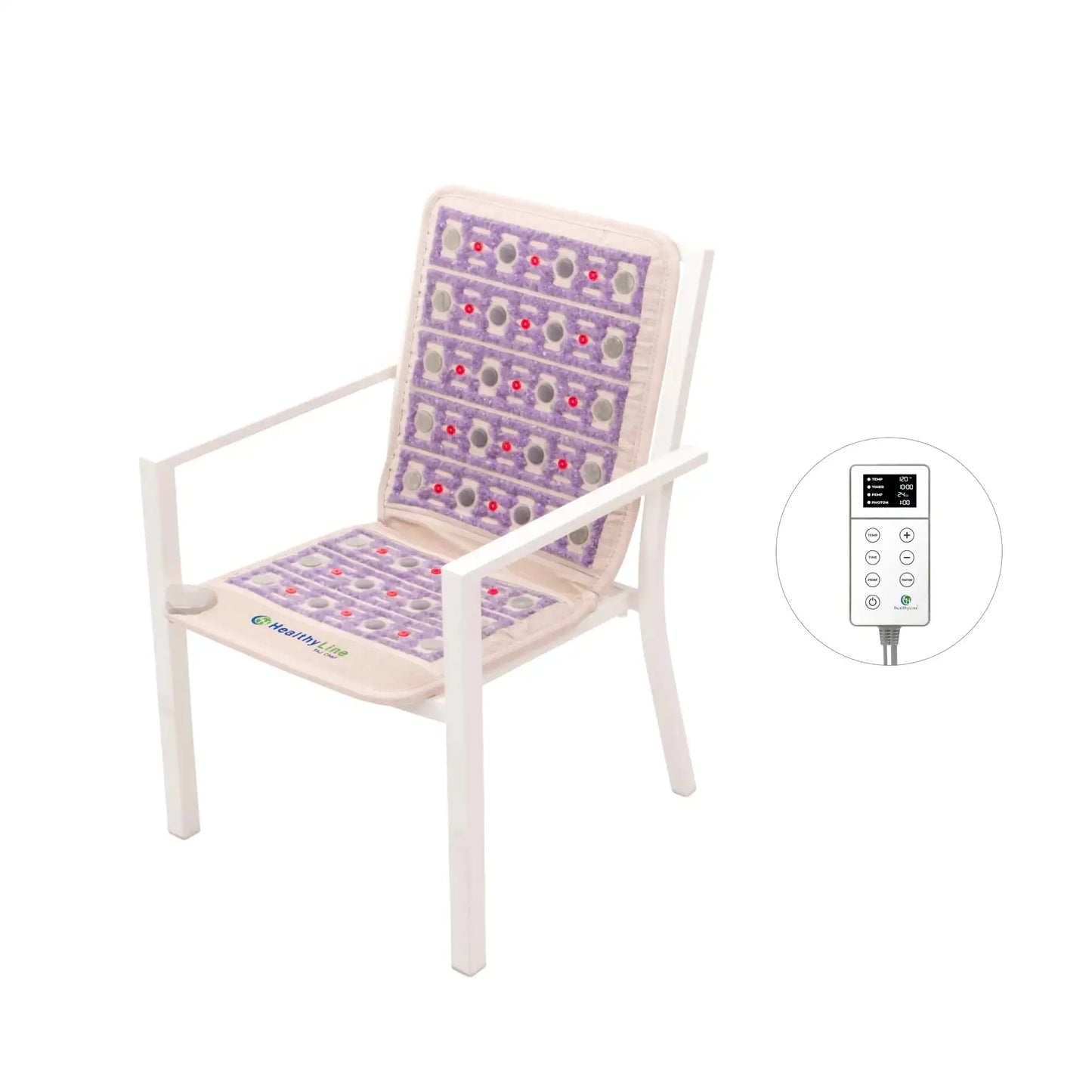 HealthyLine TAJ Chair PEMF Infrared Heating Mat with remote control on white chair