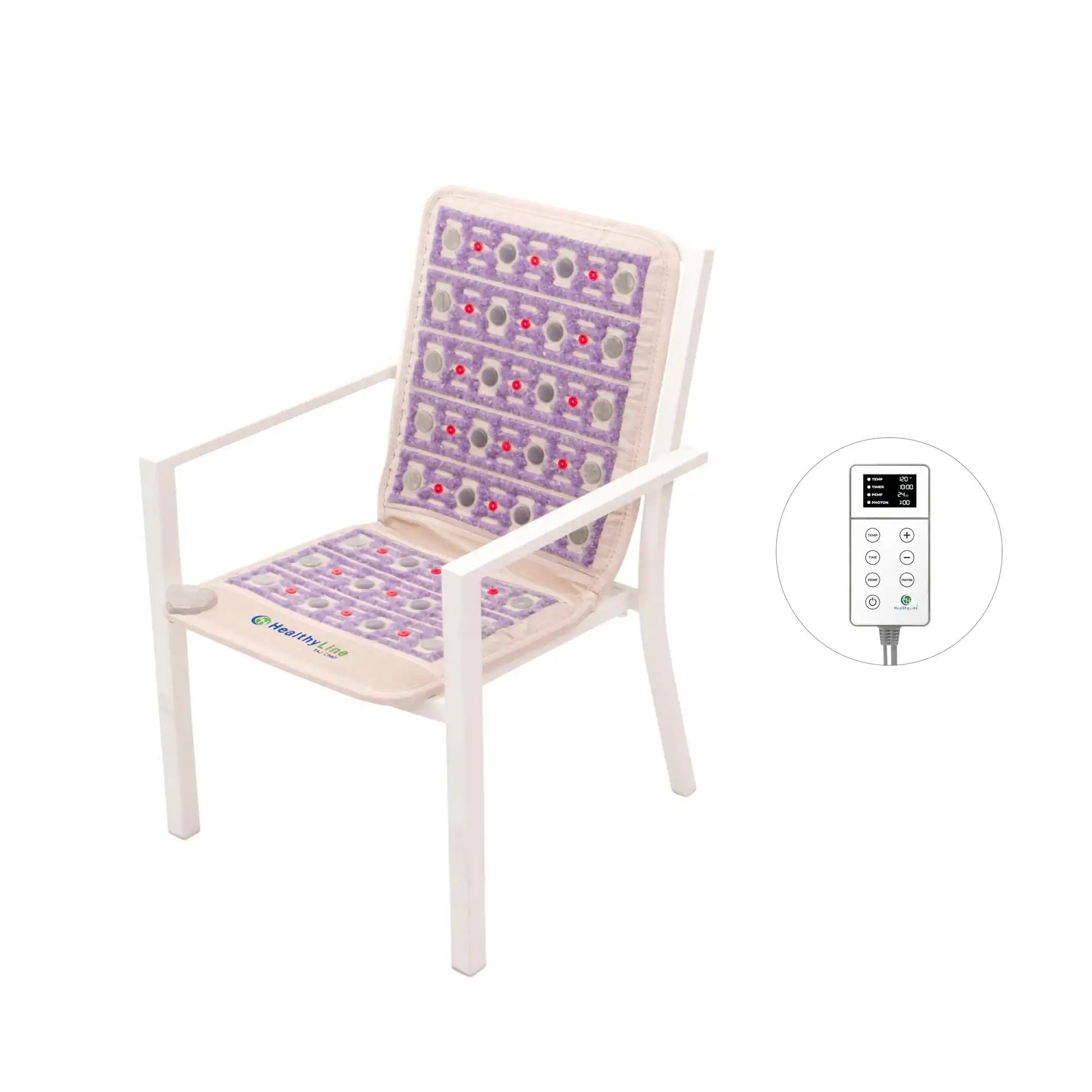 HealthyLine TAJ Chair PEMF Infrared Heating Mat with remote control on white chair