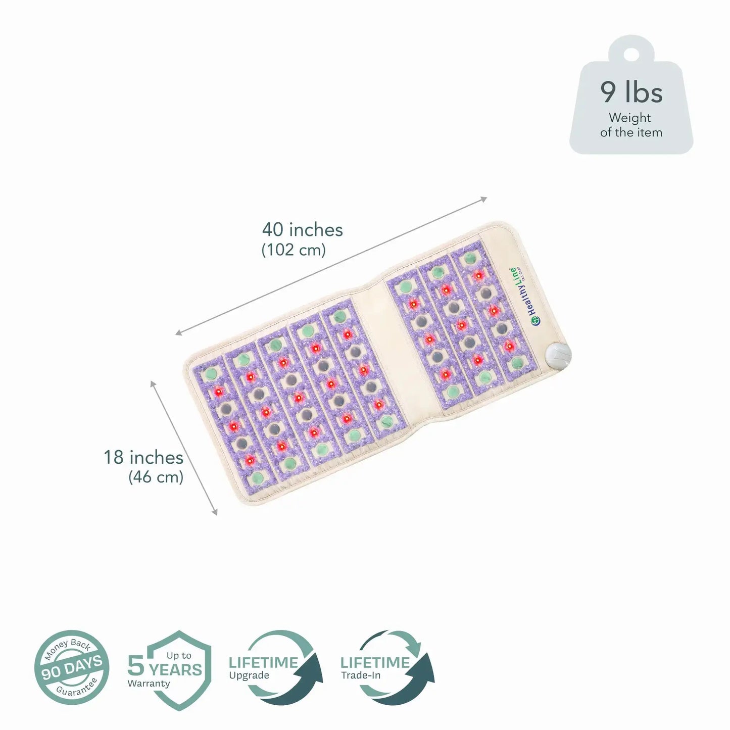 Folded HealthyLine TAJ Chair PEMF mat showing 40x18 size and control knob