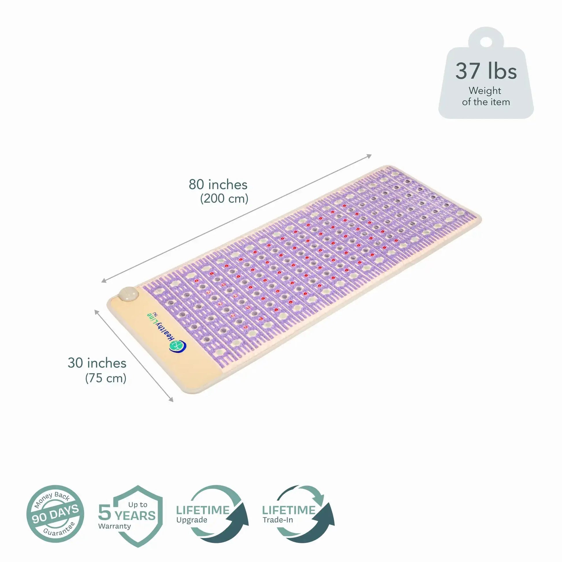 80x30 inch HealthyLine TAJ PEMF mattress topper showing dimensions and warranty icons