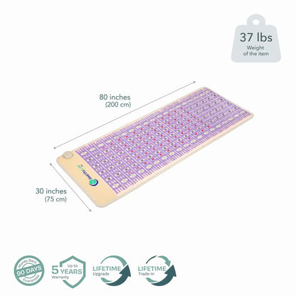 80x30 inch HealthyLine TAJ PEMF mattress topper showing dimensions and warranty icons
