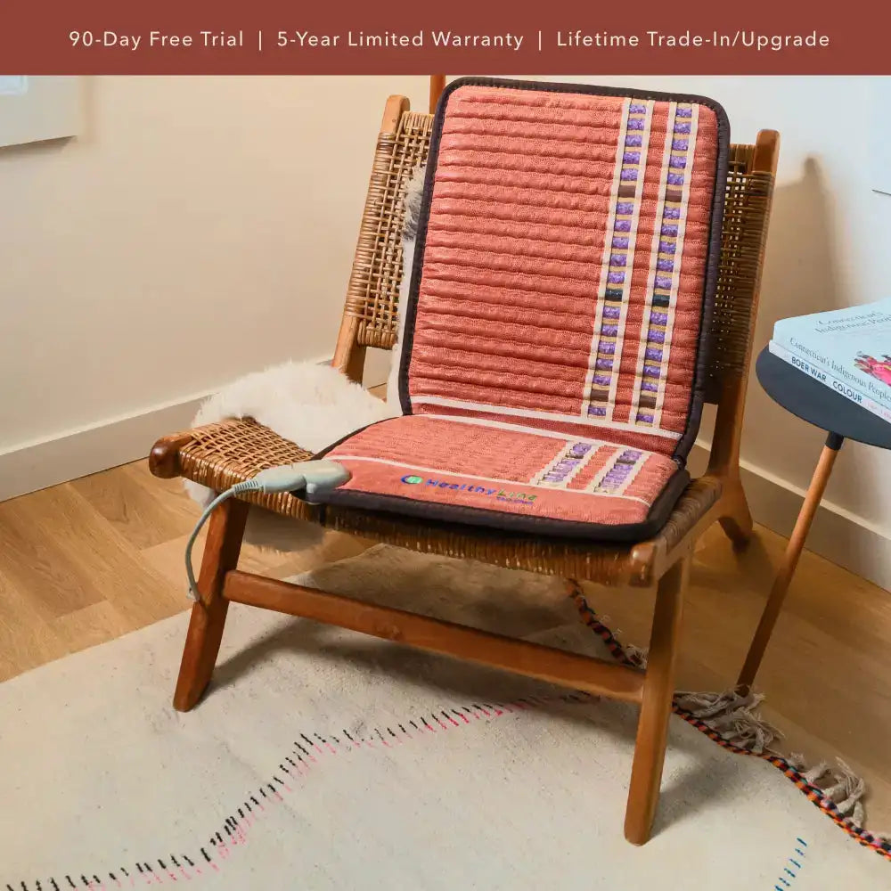 HealthyLine TAO Chair PEMF heating mat covering wooden wicker chair backrest