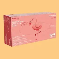 Ventyv Coral nitrile exam glove single-glove view showing textured surface and flamingo color