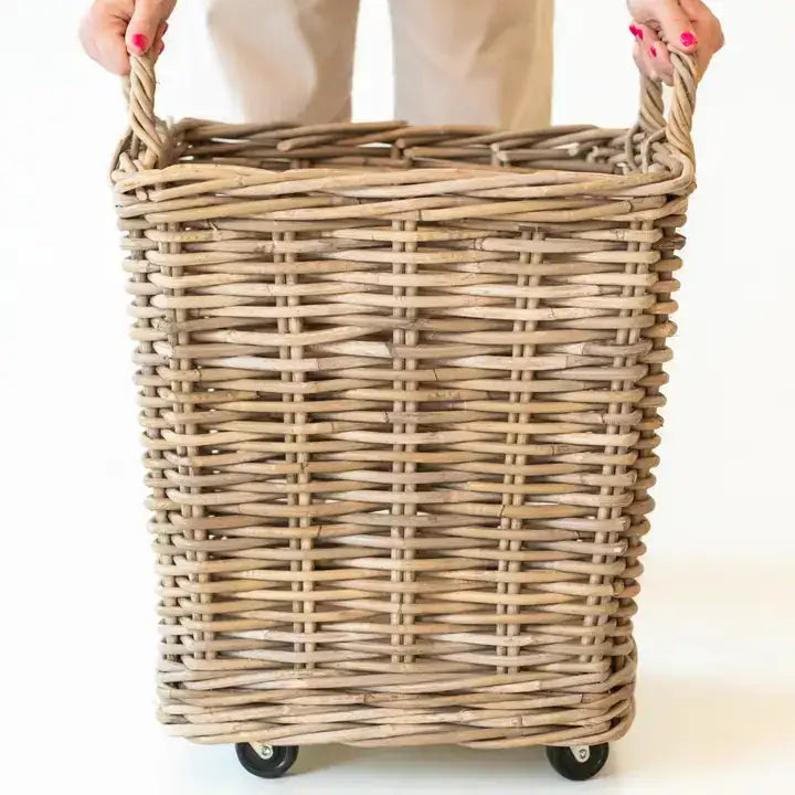 Rattan Square Storage Basket On Wheels - XL - 27"H