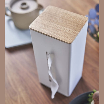 Close up of white Yamazaki Two-Sided Tissue Case on a kitchen table