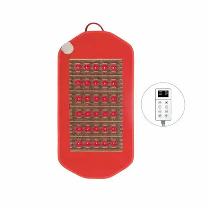 Red HealthyLine therapeutic pad with LED array, hanging loop, and digital remote control