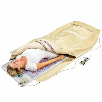 Woman using HealthyLine Platinum 360 Wrap Set with digital control unit and purple mat