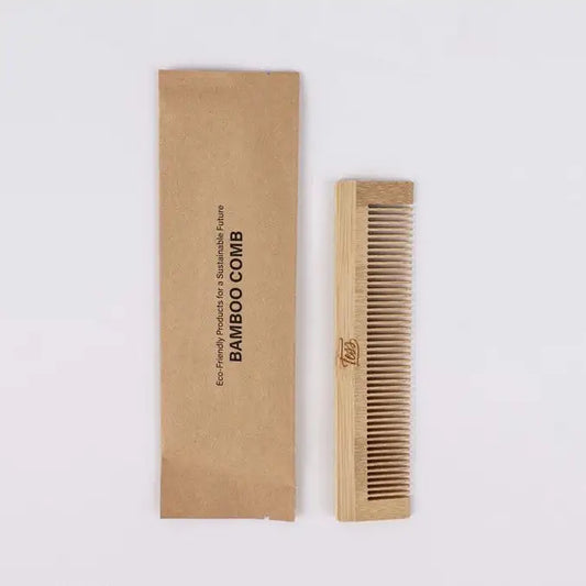 Tess bamboo 5 inch comb individually packaged in FSC-certified kraft paper sachet