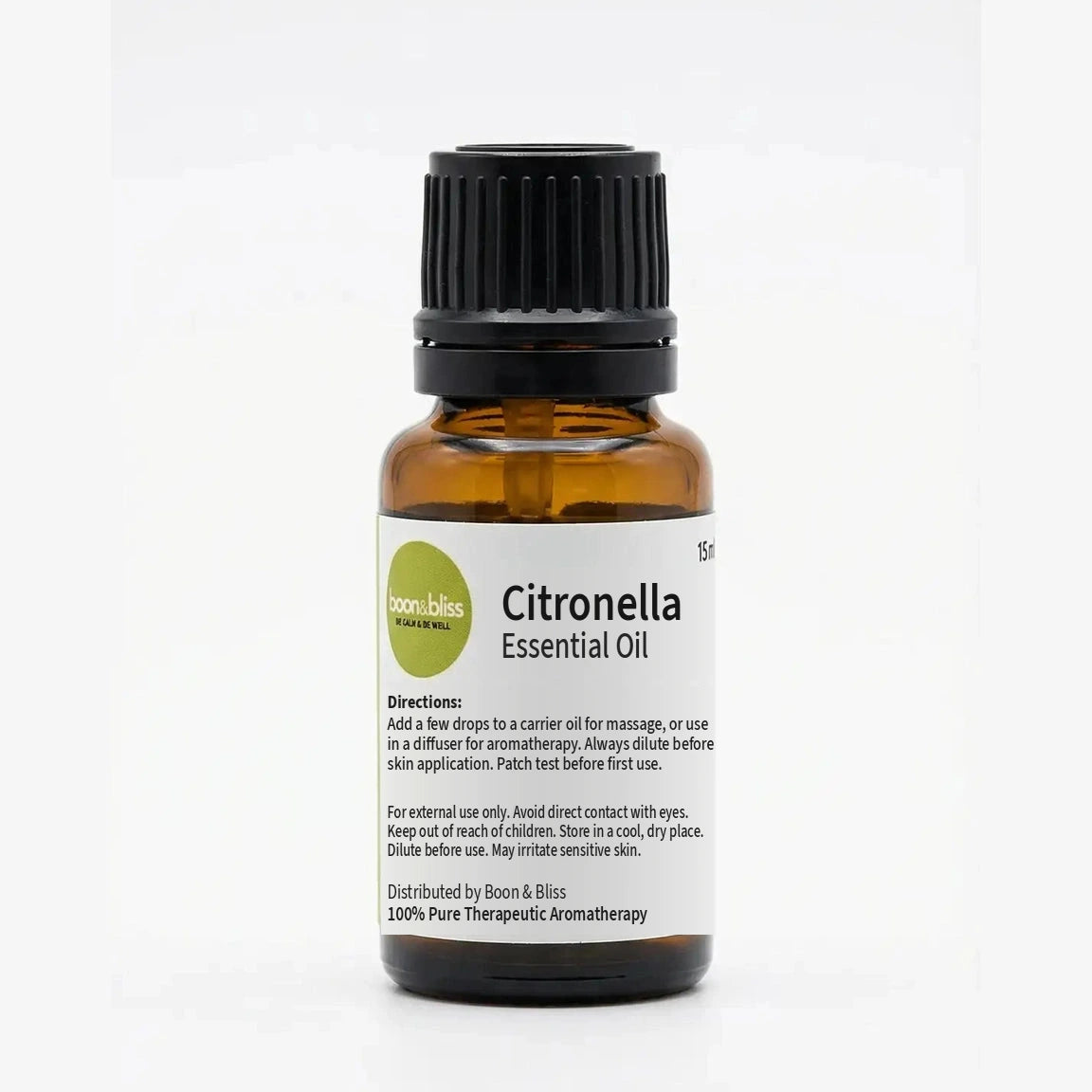 Boon & Bliss Citronella Essential Oil, 15 ml amber glass bottle with black cap