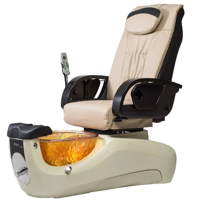Continuum Bravo Pedicure Spa, white base, almond upholstery, gold bowl
